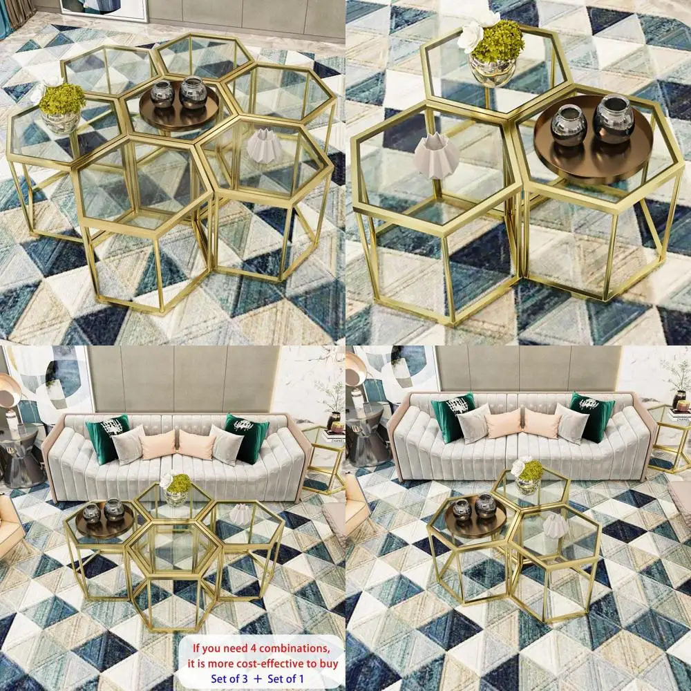 

Modern Hexagonal Glass Coffee Table Set, 3-Piece Small End Tables for Living Room