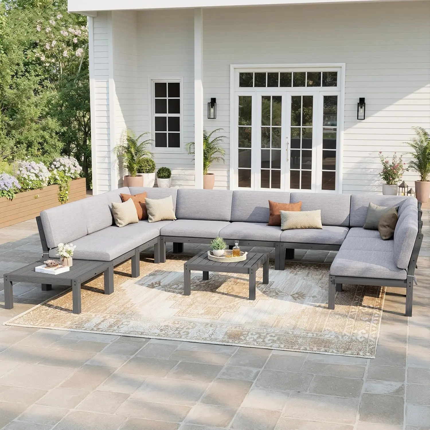 11-Piece 9-Seat U-Shape Modular Patio Sofa Set, Gap-Free HIPS Frame Olefin Cushion Outdoor Furniture, Grey, Customized