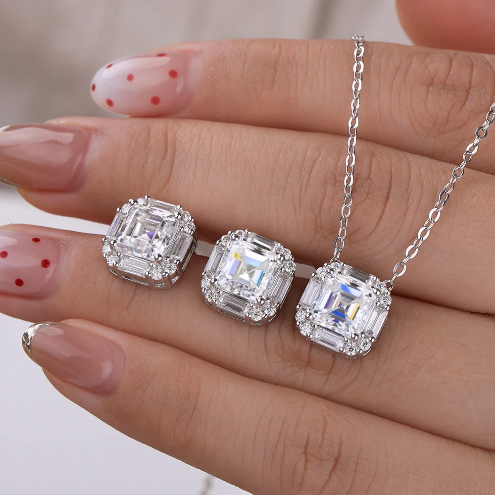 

D Color Asscher Cut Full Moissanite Jewelry Sets for Women 925 Sterling Silver Diamond Pendant Necklace Stud Earrings Jewelry