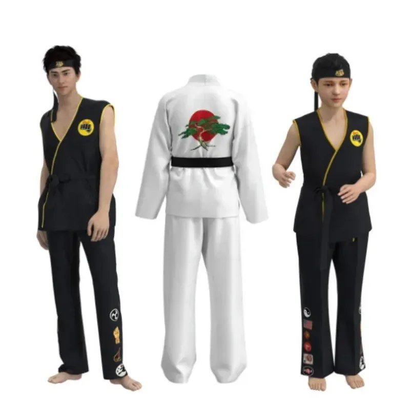 

Karate Kids KOF Cobra Kai Cosplay Costume Kid Aldult Black White Kimono Uniform Headband Anime Halloween Party Suit Tracksuit
