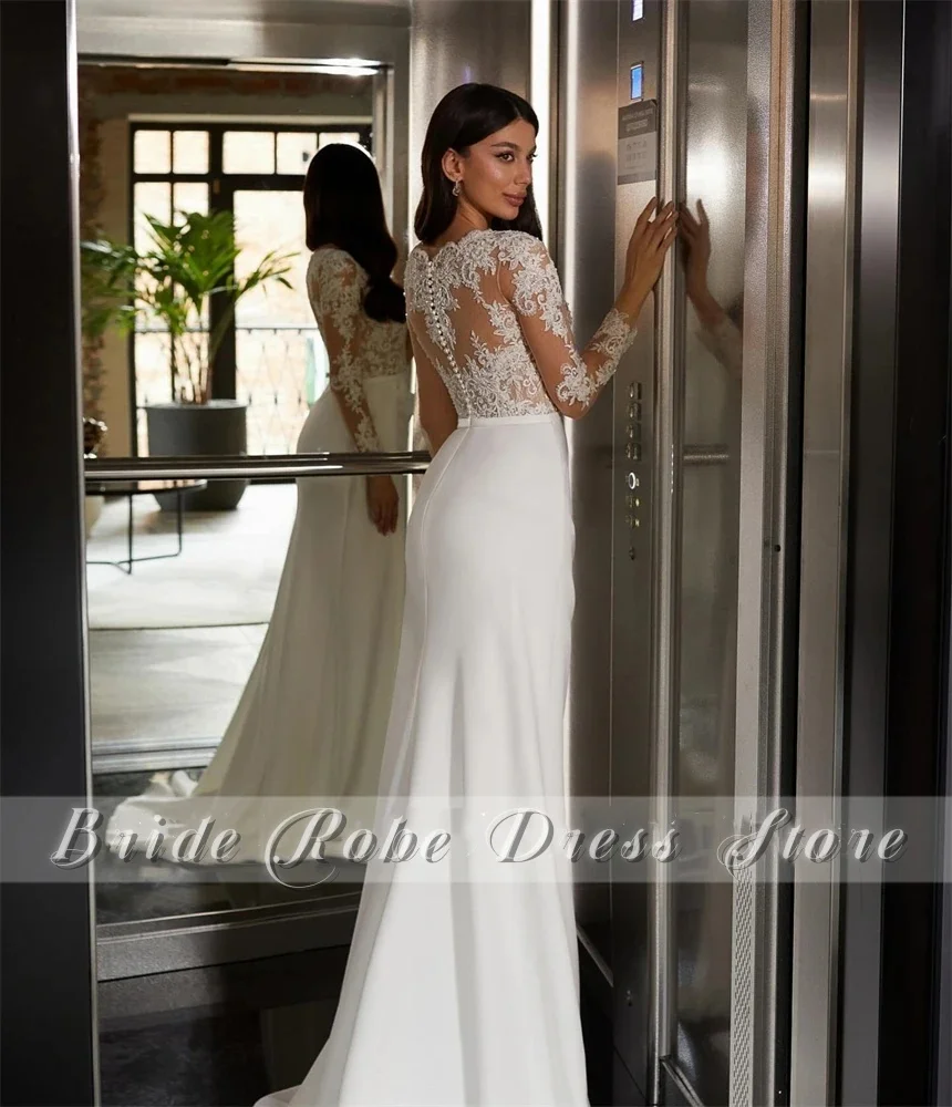 Personalizado moda superior apliques manga longa vestido de casamento feminino elegante decote em v cetim vestidos de noiva trem varredura novia