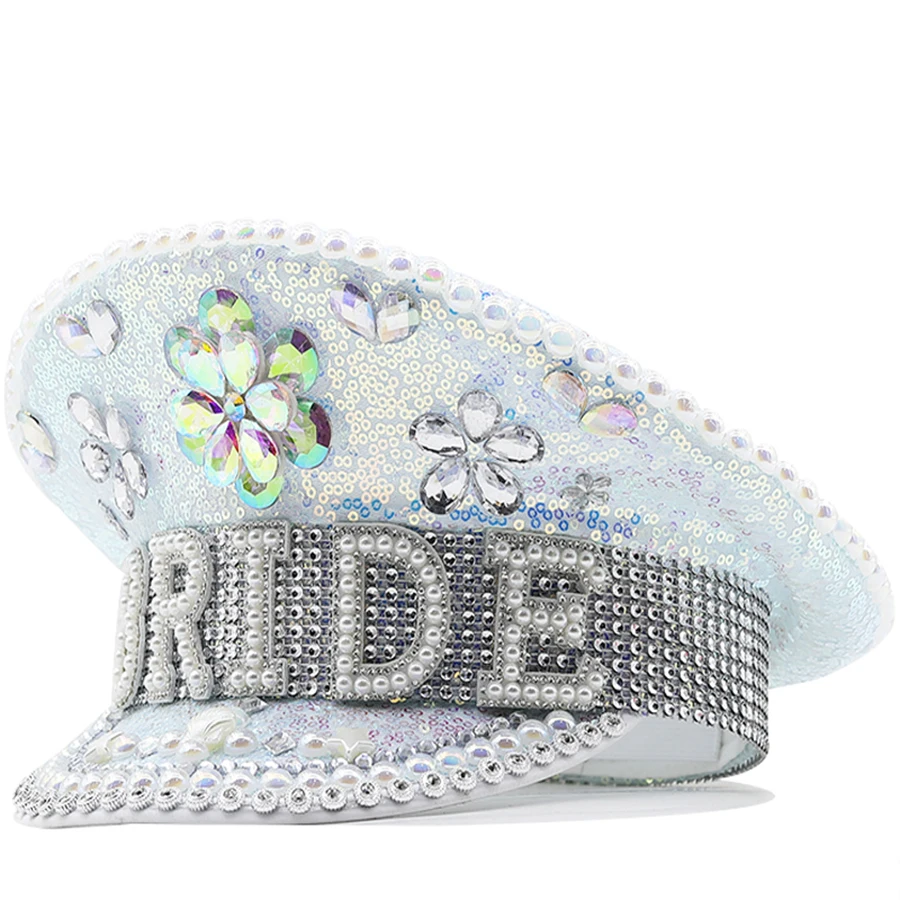 

Luxury Women Sequin Burning white Bride Military Hat Handmade Sailor Captain Sergeant Hat Birthday Festival Part Hat