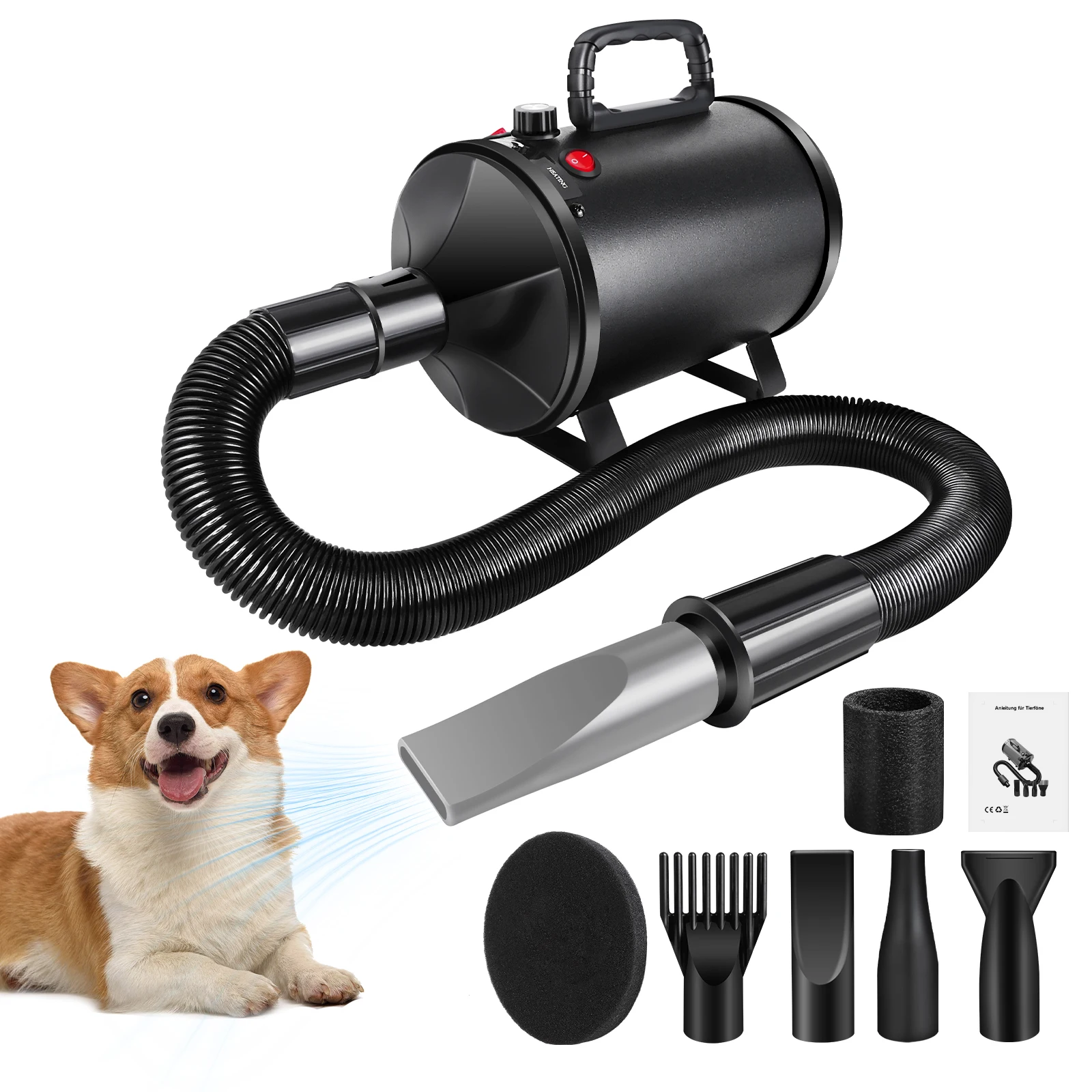 Secador de pelo para perros de 2800W, secador de pelo para el cuidado de mascotas y gatos de velocidad Variable con manguera Flexible de temperatura de 2 velocidades y 3 boquillas, color negro
