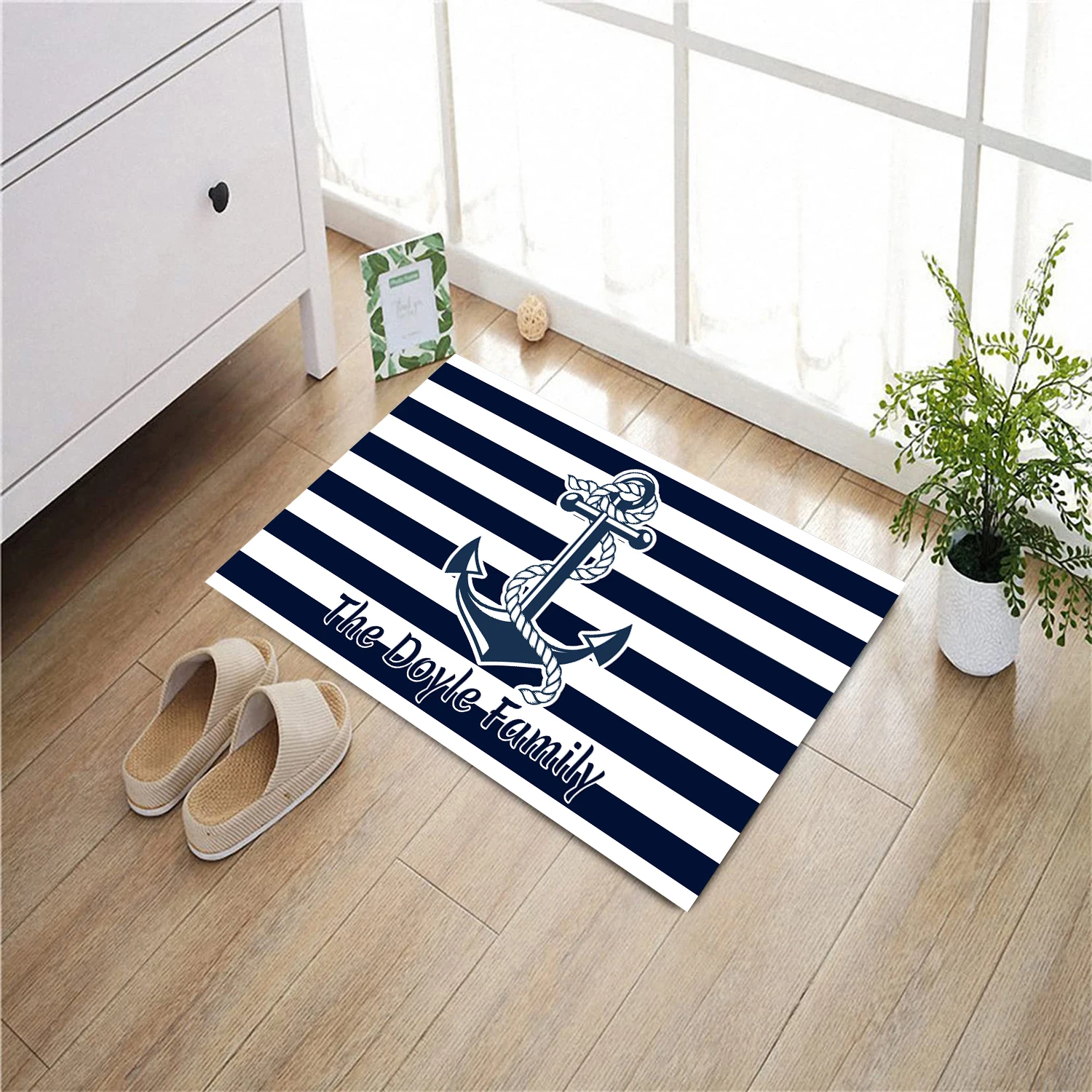 

Vintage Anchor Nautical Door Mat Retro Stripes Custom Family Name Front Doormat Personalized Welcome Mat Indoor Outdoor Entrance