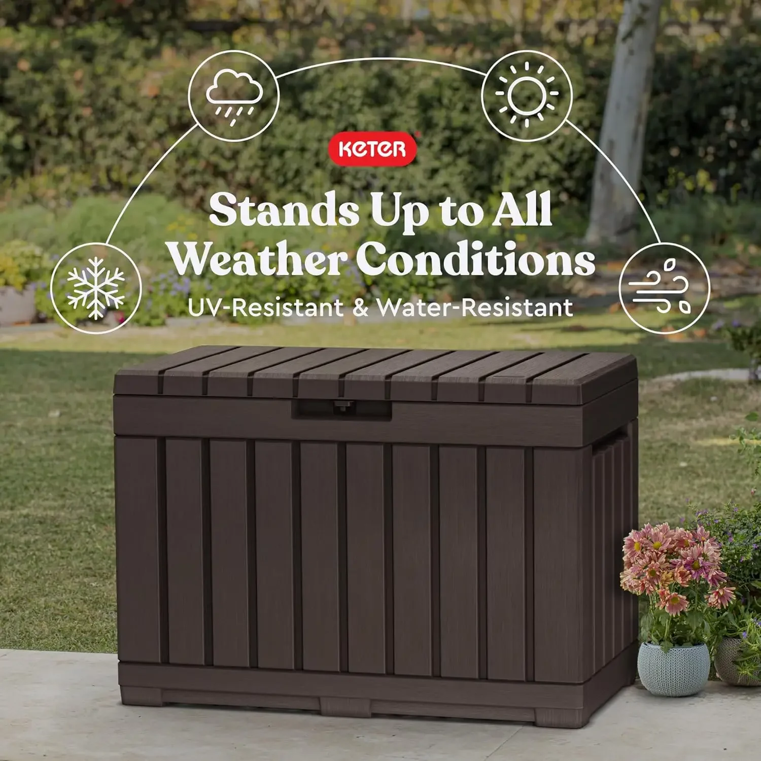 Keter Kentwood 50 Gallon Resin Deck Box-Organization and Storage for Patio Cushions, Throw Pillows and Garden Tools, Brown