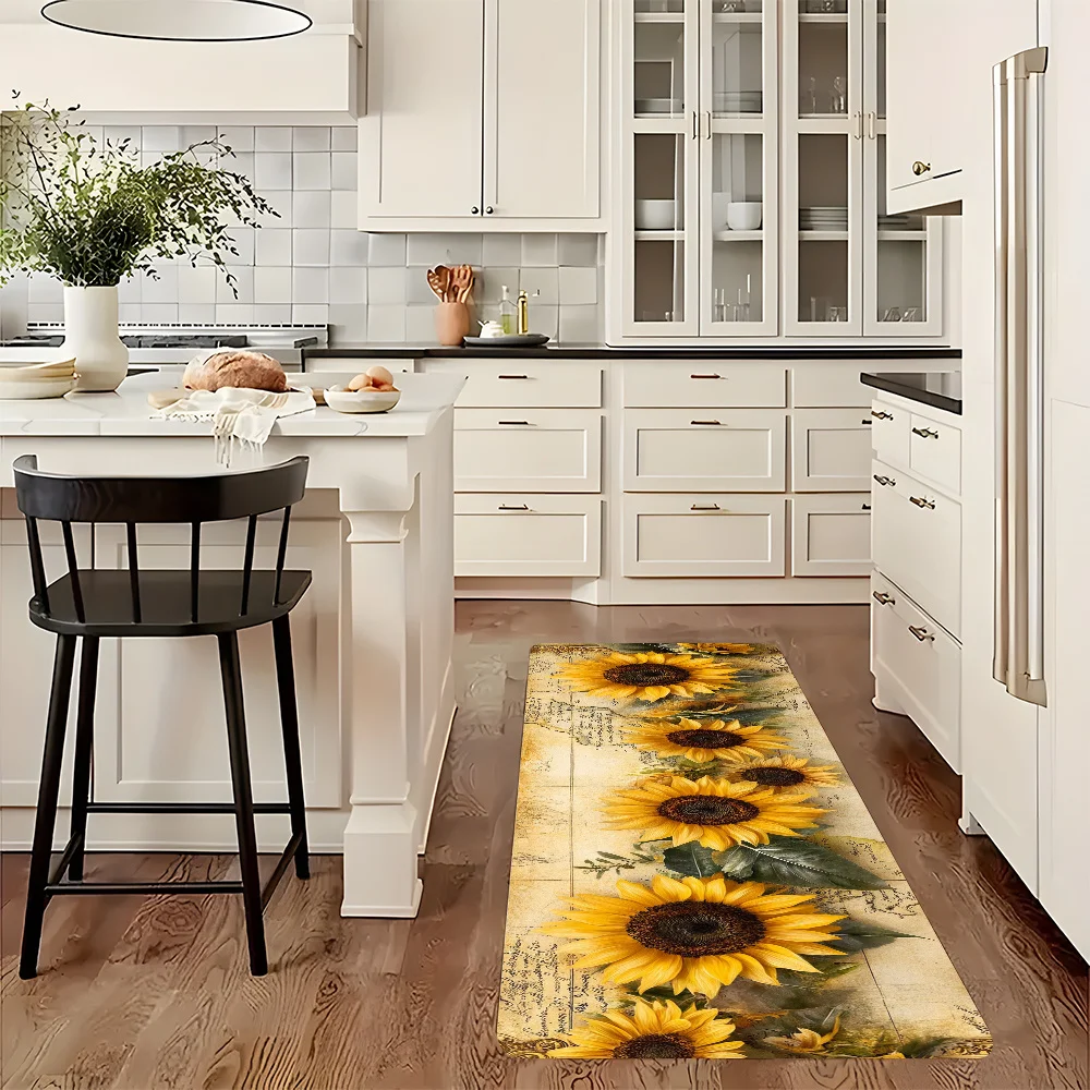 VIKAMA Küchenmatte mit Blumen und Pflanzen, Flanell-Herbst-Sonnenblumenstreifen-Teppich, Waschküche, Badezimmer, Heimdekoration für draußen und drinnen