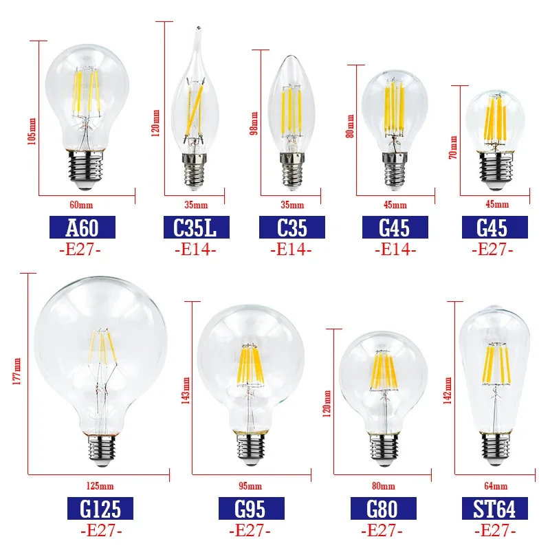 6pcs/lot E14 E27 LED Bulb AC 220V Vintage LED Filament Light Bulb 2W 4W 6W 8W Retro Glass Decoration Led Lighting Lamp Ampoule