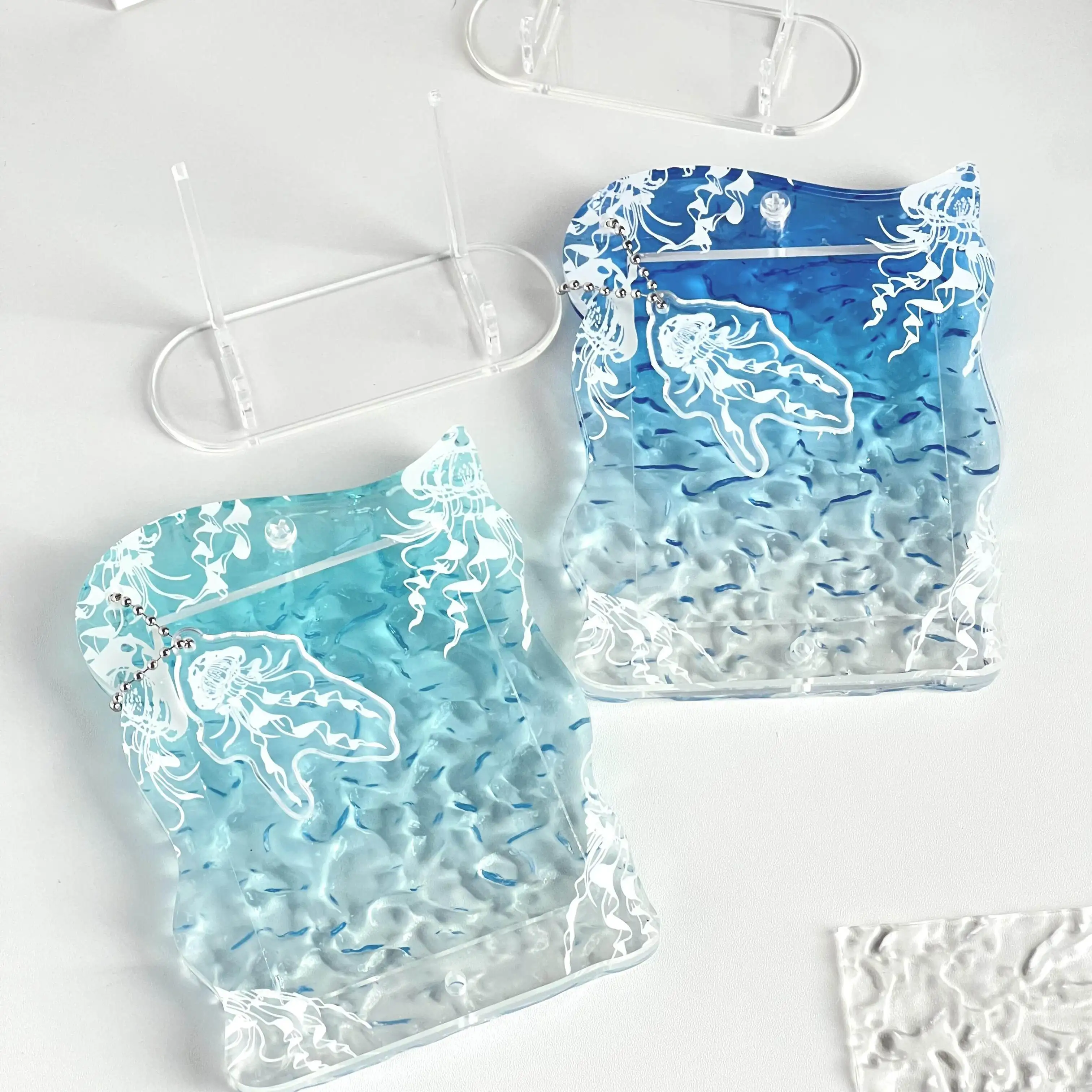 Jellyfish Water Ripple 3/3.5Inch Acrylic Card Holder, Fresh Ocean Gradient Clear Photo Display Frame, for Anime Kpop Merch Decor