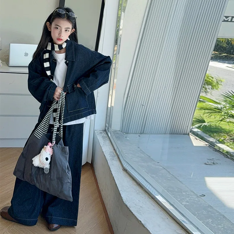

Autumn Teenager Girl Denim Sets Junior Girls Single-breasted Long Sleeve Coat Children Girls Wide Leg Pant Kids Girl 2pcs Outfit