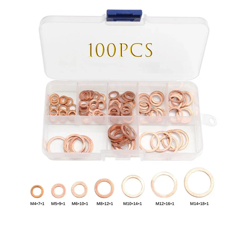 100/120/180/200 Uds junta de arandela de cobre sólido sello de anillo plano arandelas espaciadoras lisas sujetador con caja M4-M14 para tapones de sumidero