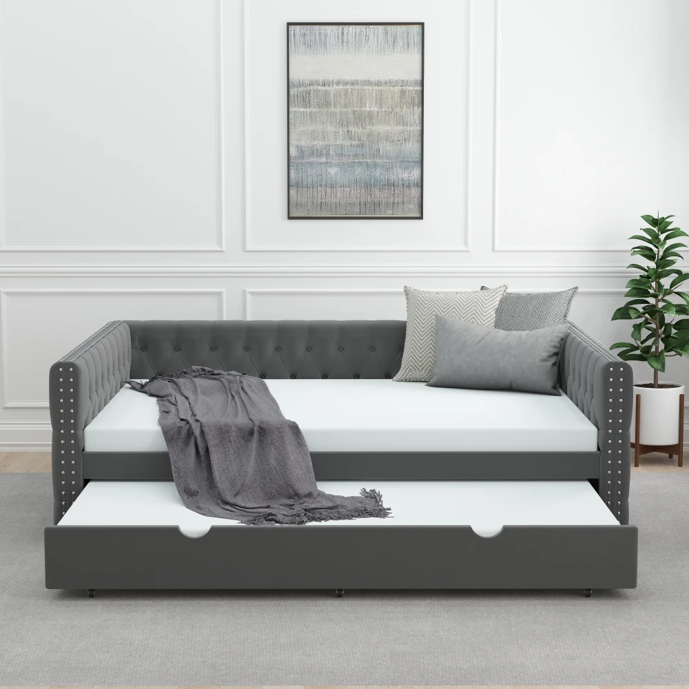 Daybed with Trundle Velvet Upholstered Tufted Sofa Bed, with OnSquare Arms, Full Daybed Twin Trundle for Bedroom, Living Room