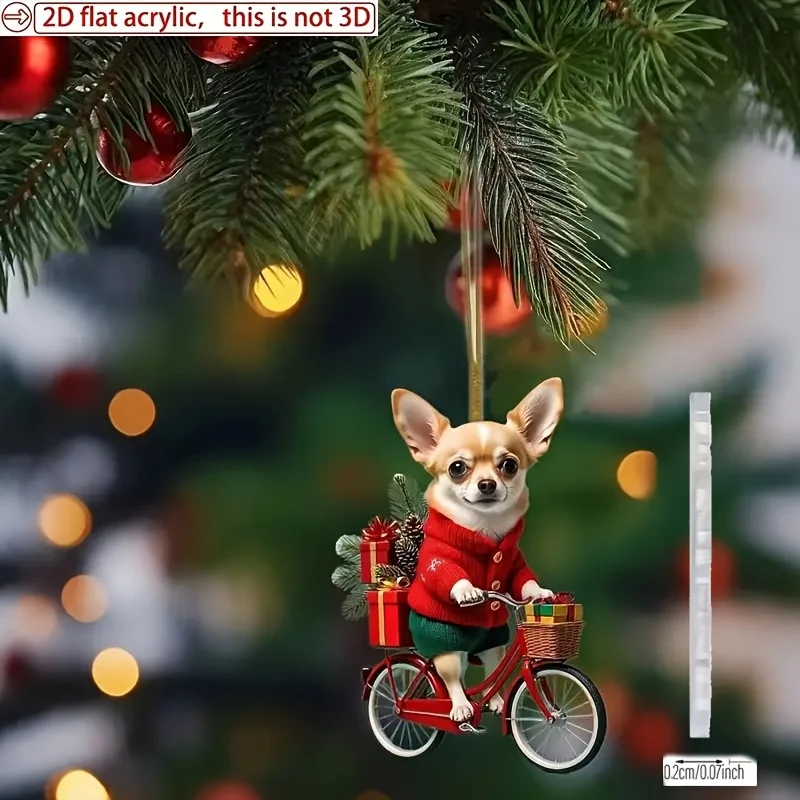 2D Flat Acrylic Christmas Decoration - Cute Chihuahua Riding a Red Bicycle with Holiday Gifts And Starry Sky Background