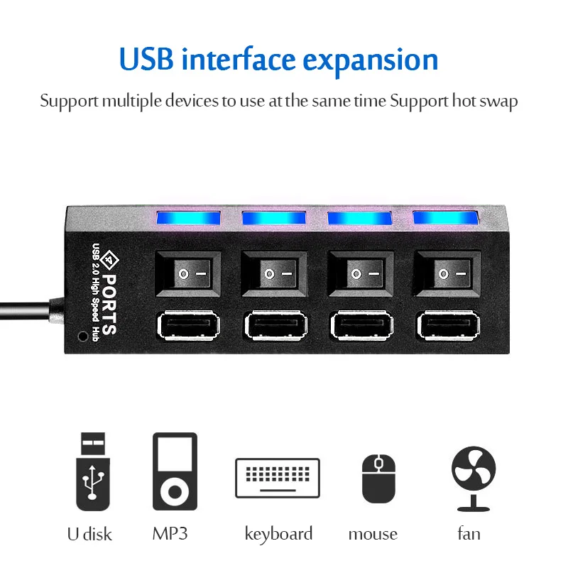 USB 2,0 разветвитель, USB 2,0, 4/7 портов, 30 см