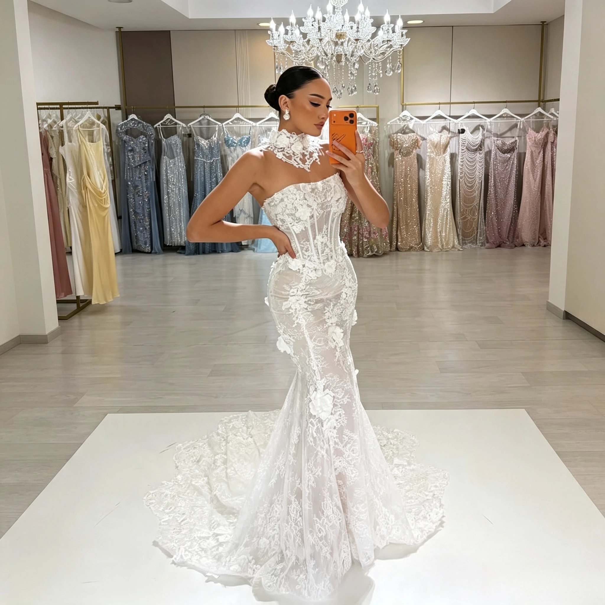 Customized Luxury White Bridal Gown Strapless Sheer Corset Bodice Detachable Lace High Neck Appliqued Floral Fitted Mermaid