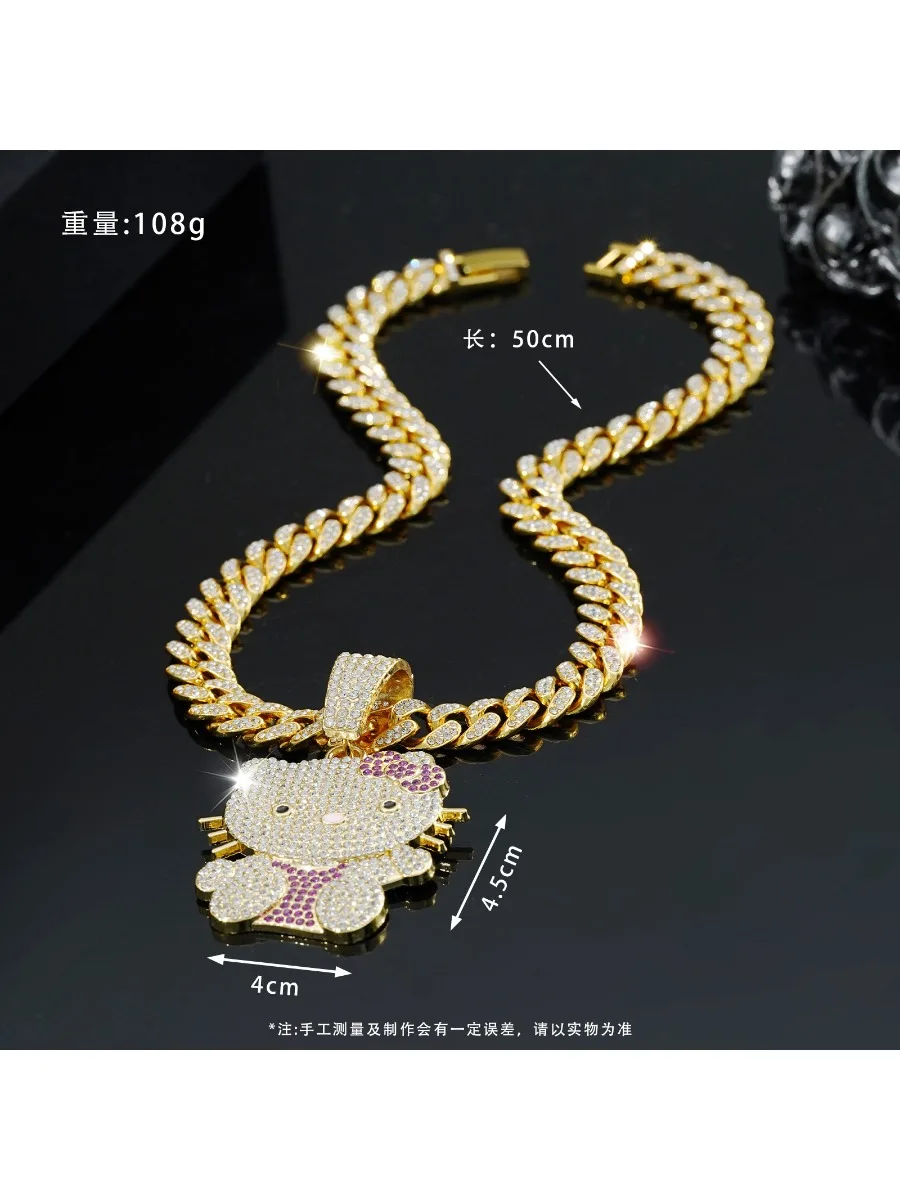 Fashion cute pink cat cartoon pendant single pendant male and female versatile diamond hip hop Cuban necklace