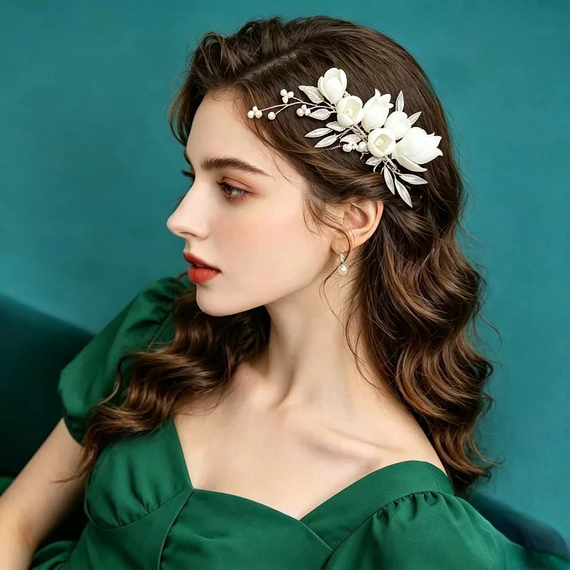 

SLBRIDAL Handmade Alloy Leaf Crystal Rhinestones Porcelain Flower Pearls Bridal Hair Comb Wedding Hair Accessories Women Jewelry