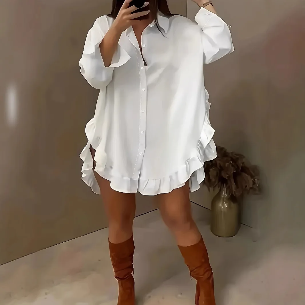 

Fashion Loose Ruffle Dress Elegant Lady Commuter Shirt Spring Lapel Single Breasted Irregular Hem Short Style Shirt Dress