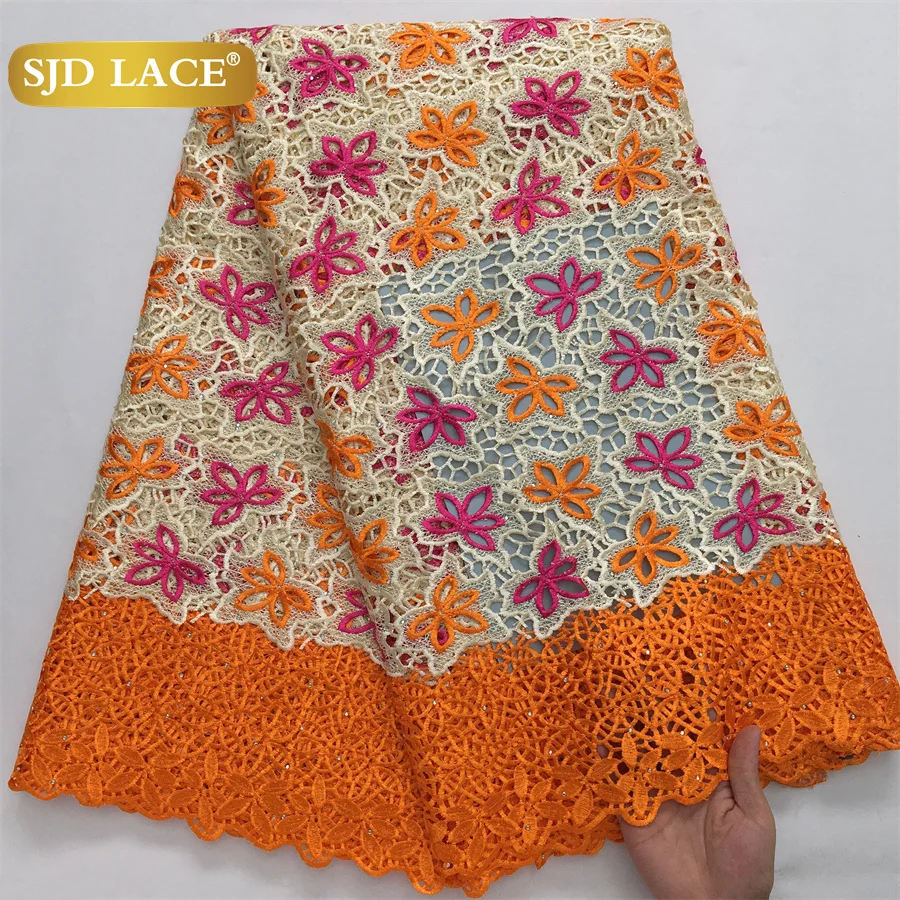 

SJD LACE Nigerian Stones Guipure Cord Lace Fabric 5Yards 2024 Latest African Water Soluble Lace For Women Party Dresses Sew 4121