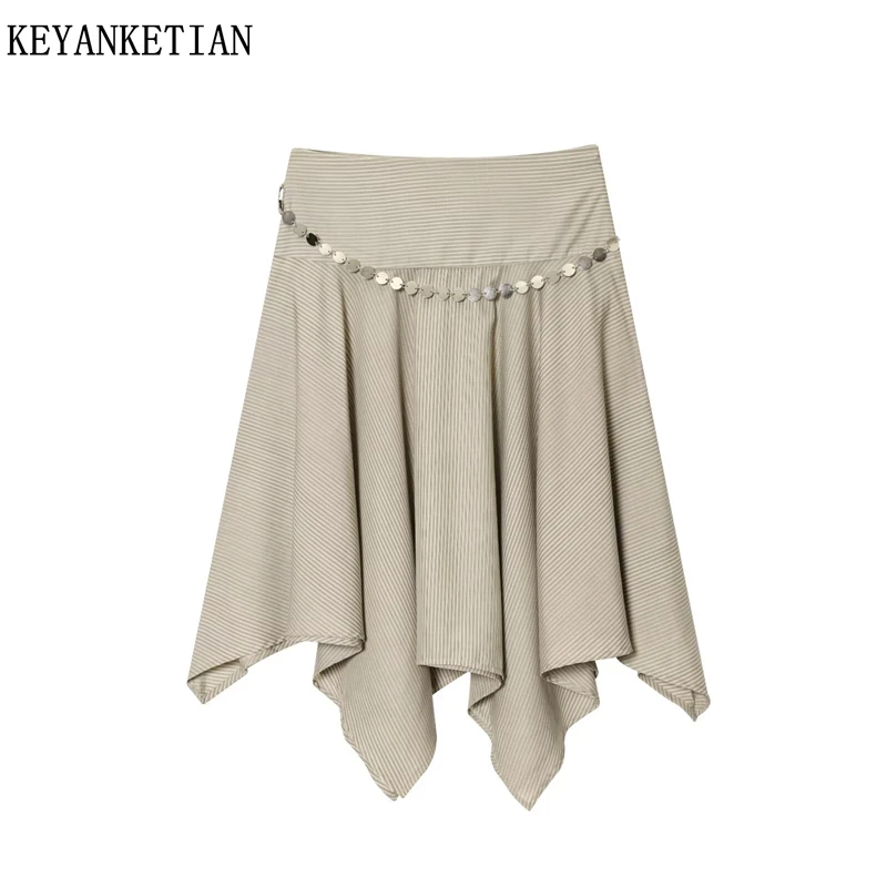 KEYANKETIAN 2025  New Women's Chain Decoration Striped Skirt French Style Side Zipper High Waist Irregular A Line Middle Skirt