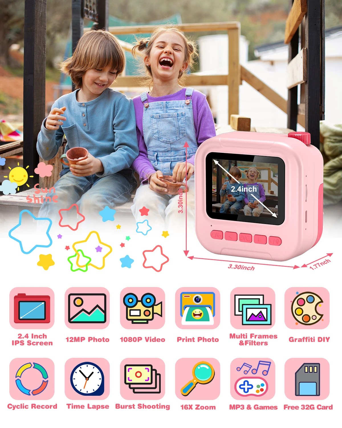 Gofunly câmera de impressão instantânea para crianças 130w pixel câmera digital brinquedo 3 "câmera de impressão térmica com cartão de 32gb presente para 6-12 anos