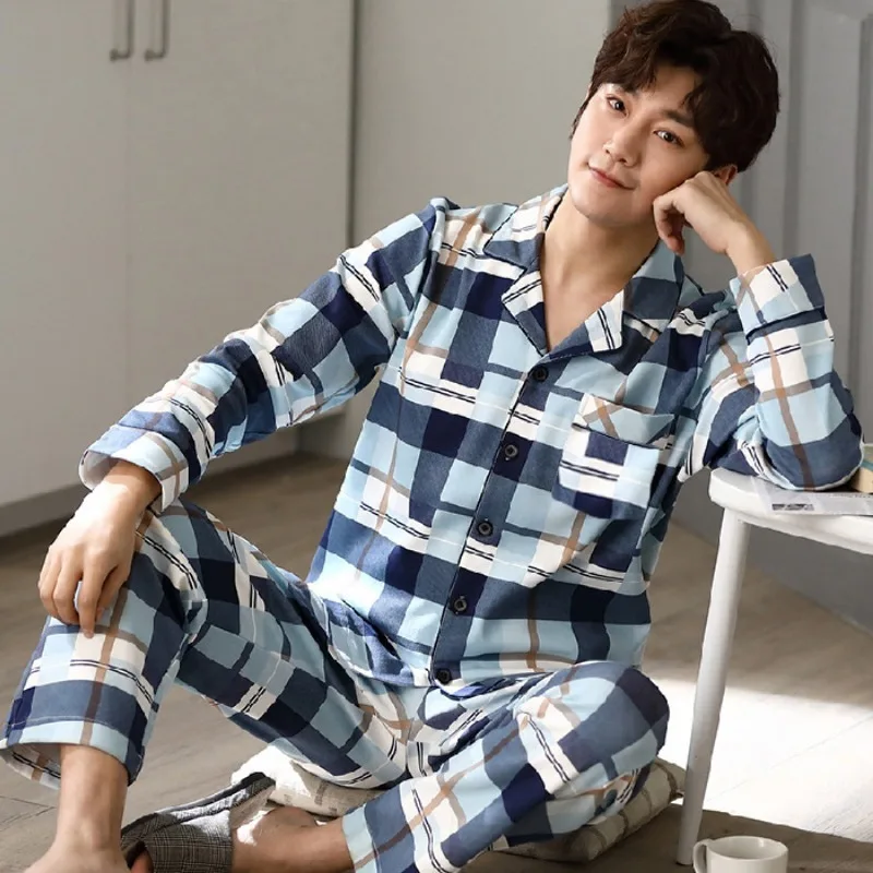 가을 잠옷 남성 긴 소매 단순 플러스 사이즈 격자 무늬 카디건 바지 편안한 통기성 줄무늬 프리미엄 잠옷