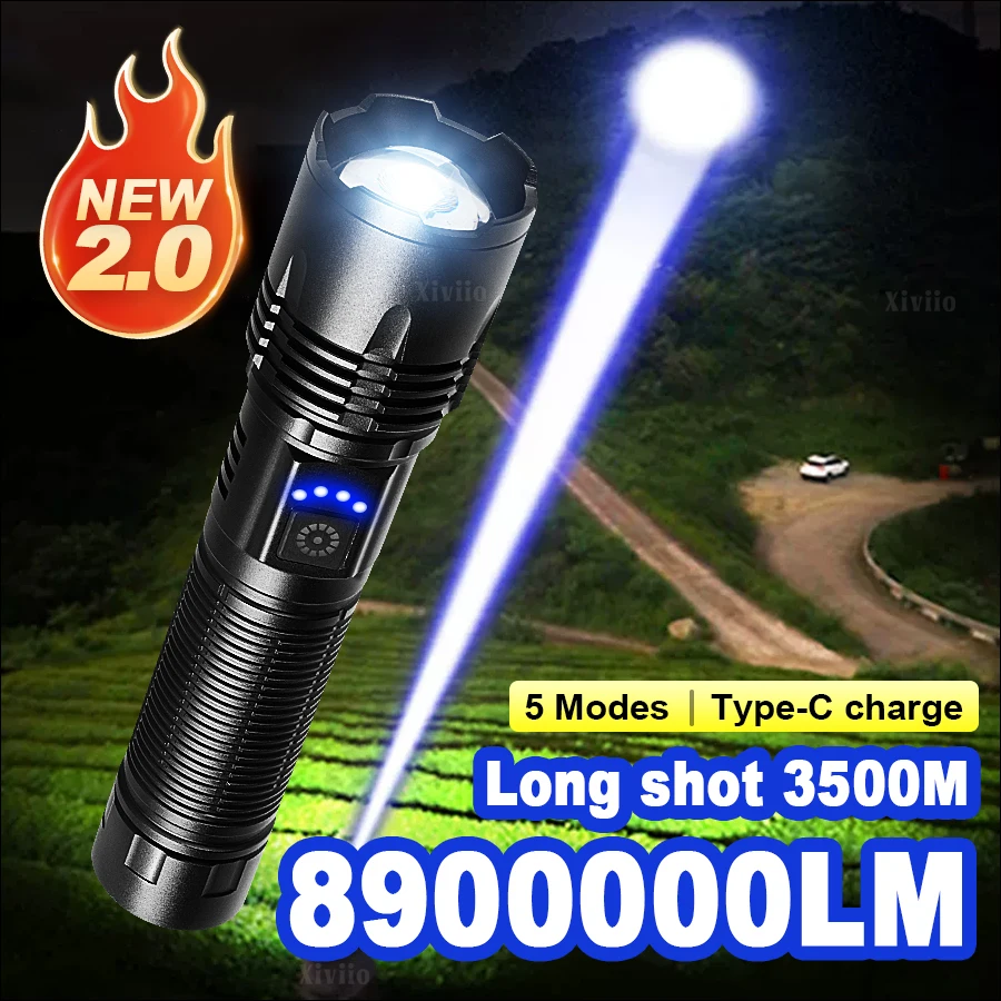 8900000LM LED Strong Light Flashlight Portable Type-c Rechargeable Lamp Super Bright Lamp Built-in Battery Torch Camping Fishing