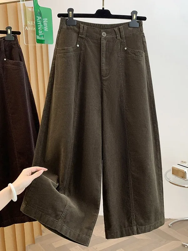 High Waist Corduroy Wide Leg Casual Pants Korean Style Nine Points Knife  Pants Women's Autumn Fashion Straight Cut Trousers