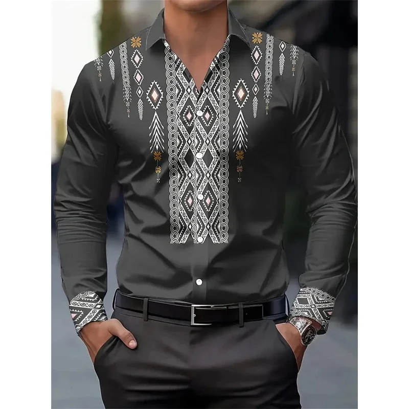 Fashionable and hot selling men's long-sleeved 3D shirt ethnic style retro print style handsome and elegant men's lapel top