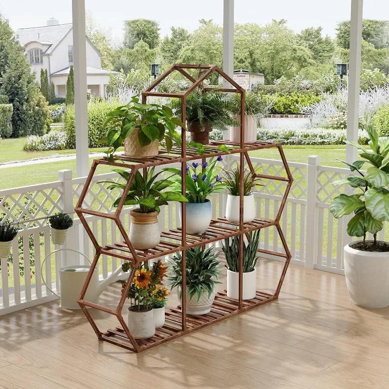 Tikea Plant Stand Indoor Outdoor Castle-shaped Plant Stand for Multiple Plants Large Wooden Plant Shelf Organizer Flowers Rack