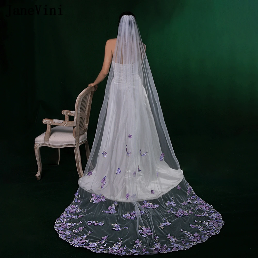 JaneVini Elegant Purple Floral Veil Lace Appliques Pearl Bridal Veil Long Wedding Hair Comb 1 Tier Tulle Chapel Party Bride Veil