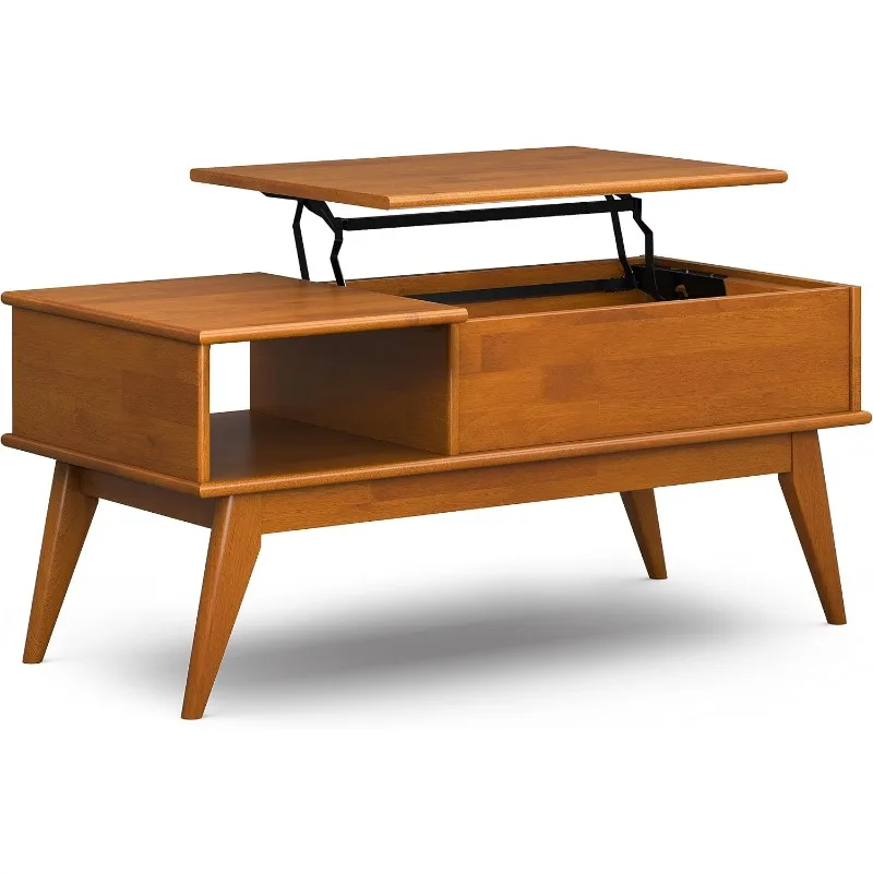 Draper Solid Hardwood 48 inch Wide Rectangle Mid Century Modern Lift Top Coffee Table in Teak Brown for The Living Room