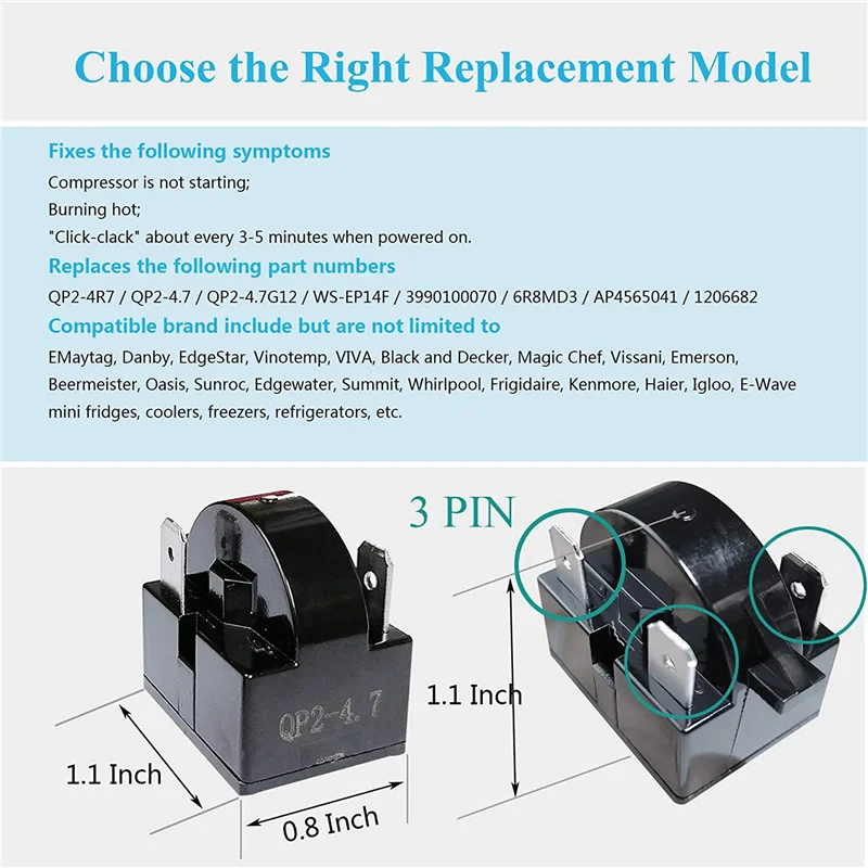 B01C-10X pieza de repuesto 3 pines QP2-4.7/QP2-4R7 4,7 Ohm refrigerador PTC relé de arranque/arranque para Mini frigoríficos y refrigeradores