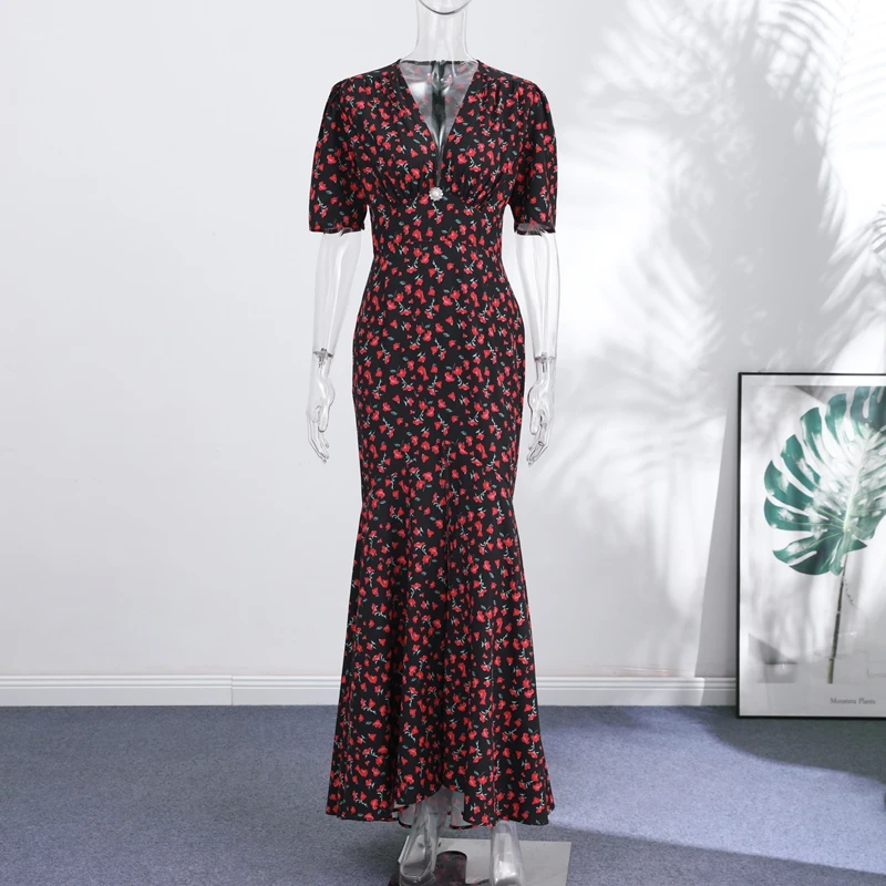 Elegant Women's Floral Printed Dress Slim V Neck Short Sleeve Waist Cinching Long Fishtail Dresses 2026 Summer Lady Party Robes