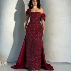 Customized Sparkly Sequined Red Straight Formal Evening Dress Off the Shoulder Sweep Train Floor Length Pageant Party Prom Gowns