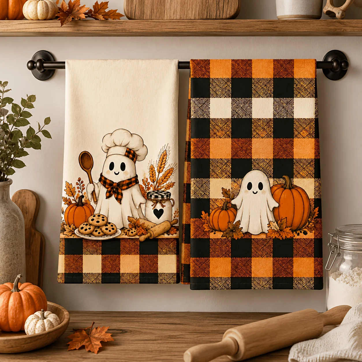 2pcs Autumn Pumpkin Chef Set, Playful Vintage Farmhouse Style Dish Cloths for Washing Dishes and Drying Hands