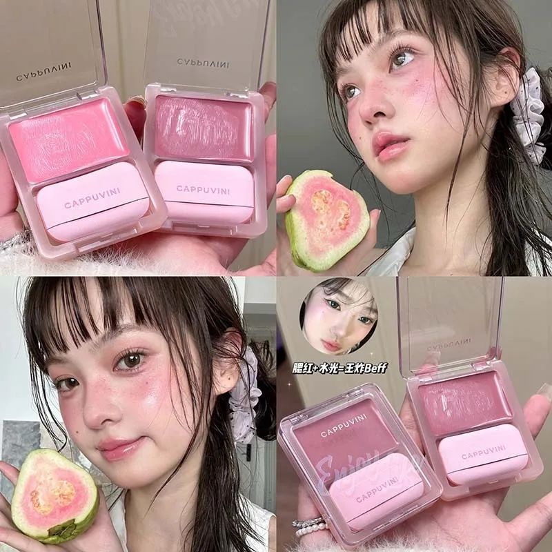 Placa de colorete rosa con esponja, brillo de agua, crema de colorete, hidratante y uniformemente pigmentado, cosmético de rubor portátil