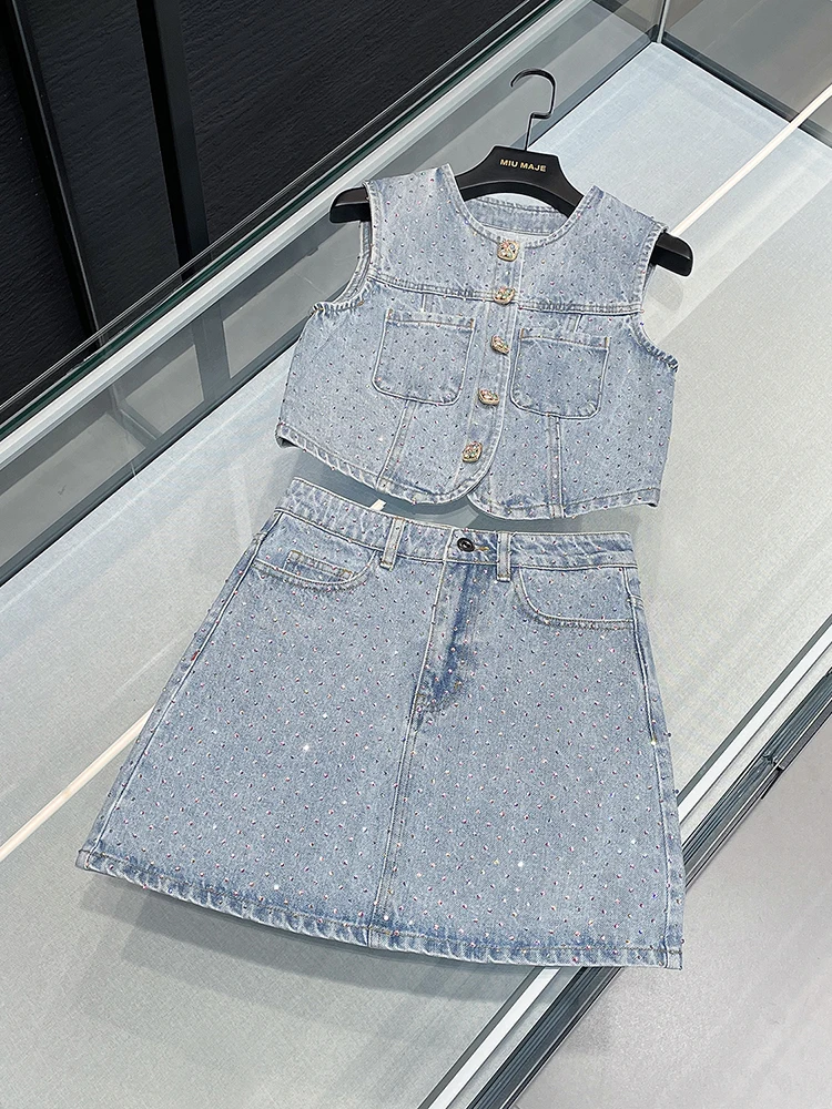 

High-End Women's Denim Diamond-Encrusted Vest And Skirt Set Faionable Two-Piece Suit round Ne Button-Up Wool Blend