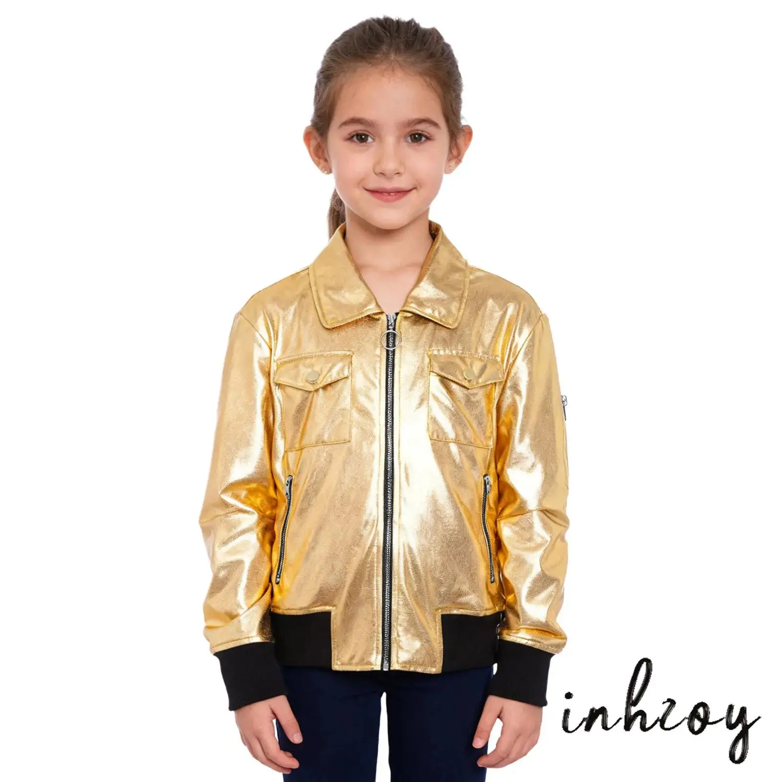 

Kids Girl Jazz Hip Hop Dance Tops Metallic Turn-Down Collar Long Sleeve Contrast Color Zip-Up Jacket Coat Outerwear with Pockets
