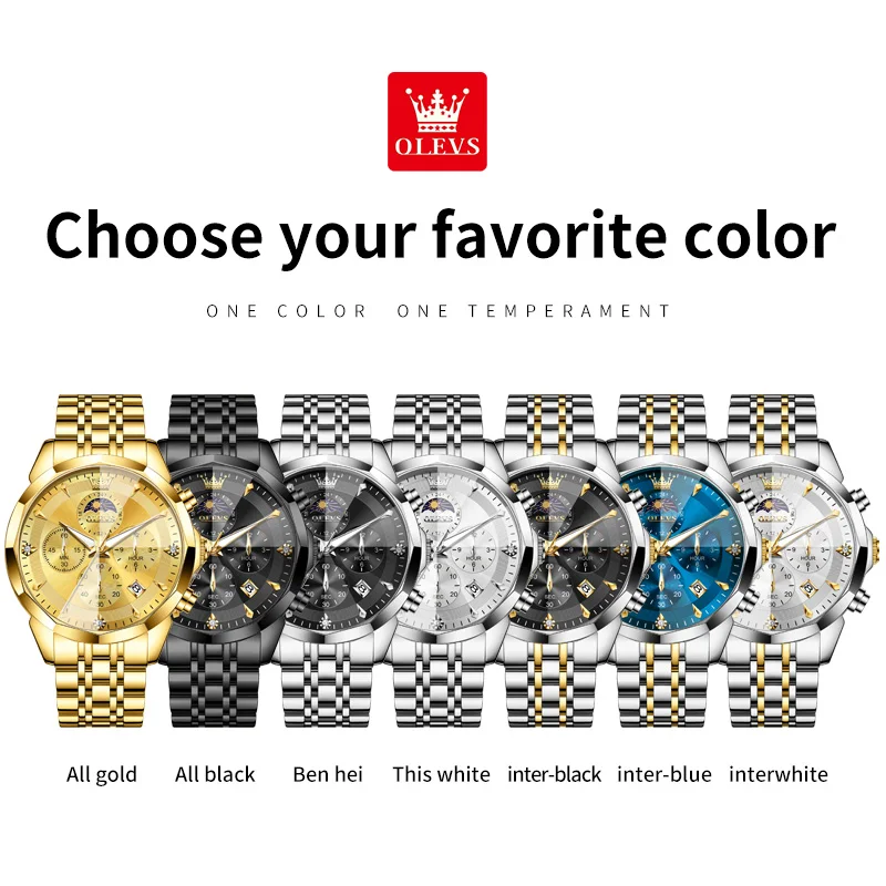 OLEVS 3673 Mens Watch Business Brand Quartz Watches Multifunctional Chronograph Waterproof Moon Phase Watch Mens Gifts Original