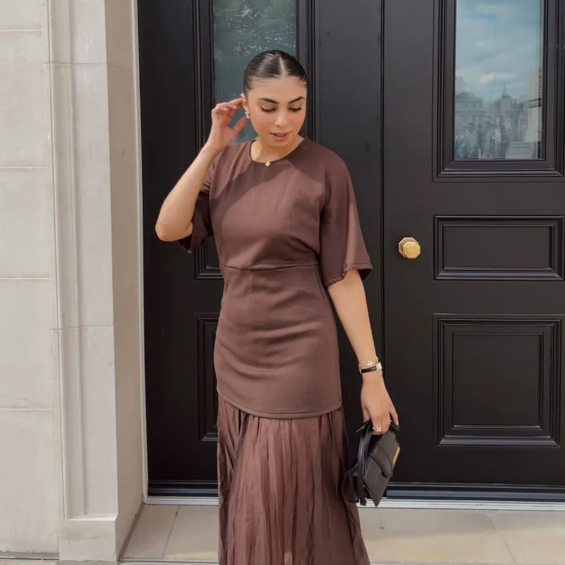 HXAO une pièce femmes robe d'été longue tricotée élégante robes de soirée épissage plis en mousseline de soie à manches courtes décontracté robe féminine