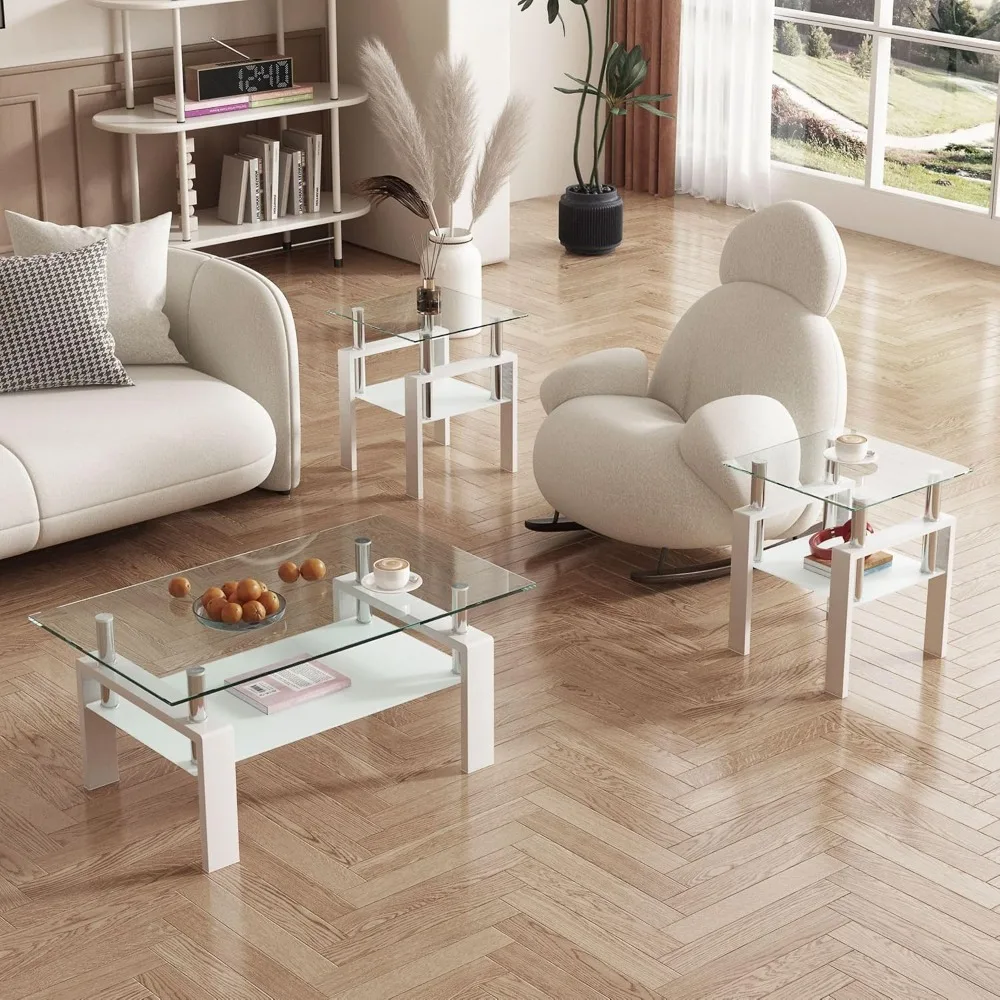 طقم طاولة زجاجية حديثة مكونة من 3 قطع مع إطار معدني أسود وطاولة قهوة من الزجاج المقسى