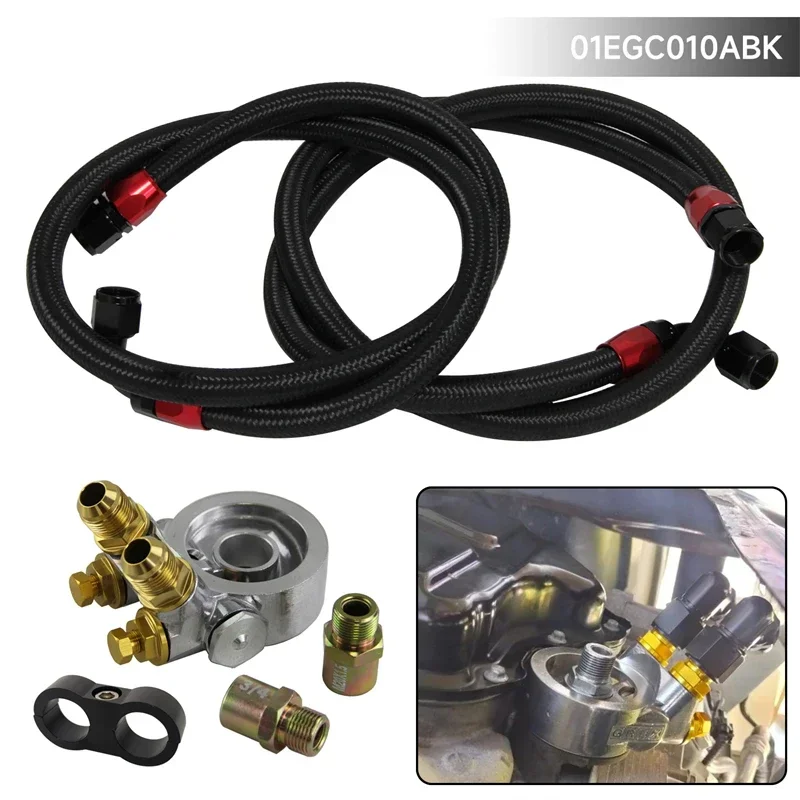 

AN10 Nylon Braided / SS Braided Oil Line +Filter Sandwich Adapter Thermostat w/ 80 Degree 176F Kit Black