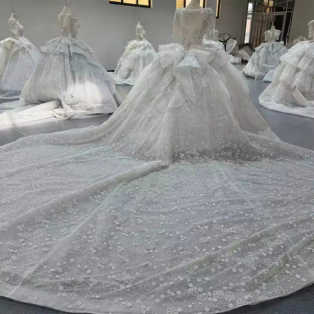 Vestido De Novias media manga cuello cuadrado rebordear Vestido De novia De cristal Vestido De baile Vestido De novia largo De encaje