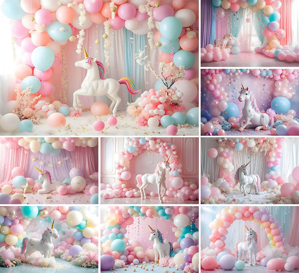 

Dreamy Unicorn Balloon Photography Backdrop Kids Birthday Party Rainbow Flower Background Cake Smash Photo Background CH-01