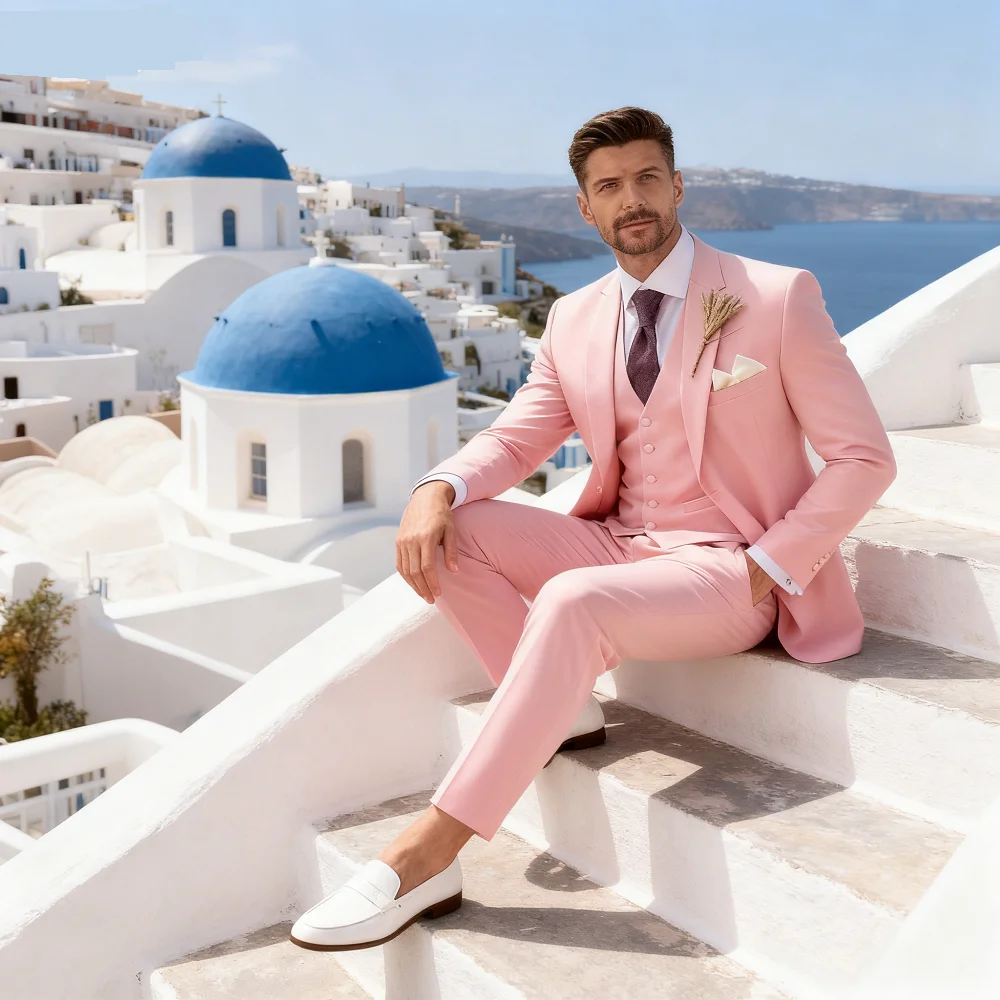 

Italian Men's 3-Piece Tuxedo Navy Blue Jacket Slim Fit Wedding Groomsmen Suit with White Vest And Lapel Cufflinks