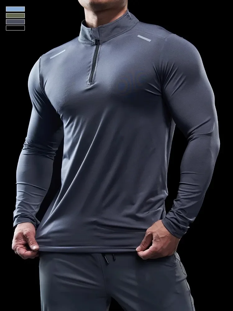 Men Stand Collar Zipper T-shirt Gym Running Training Fitness Bodybuilding Sport Top Quality Elastic Long Sleeve Tight Tops Tees