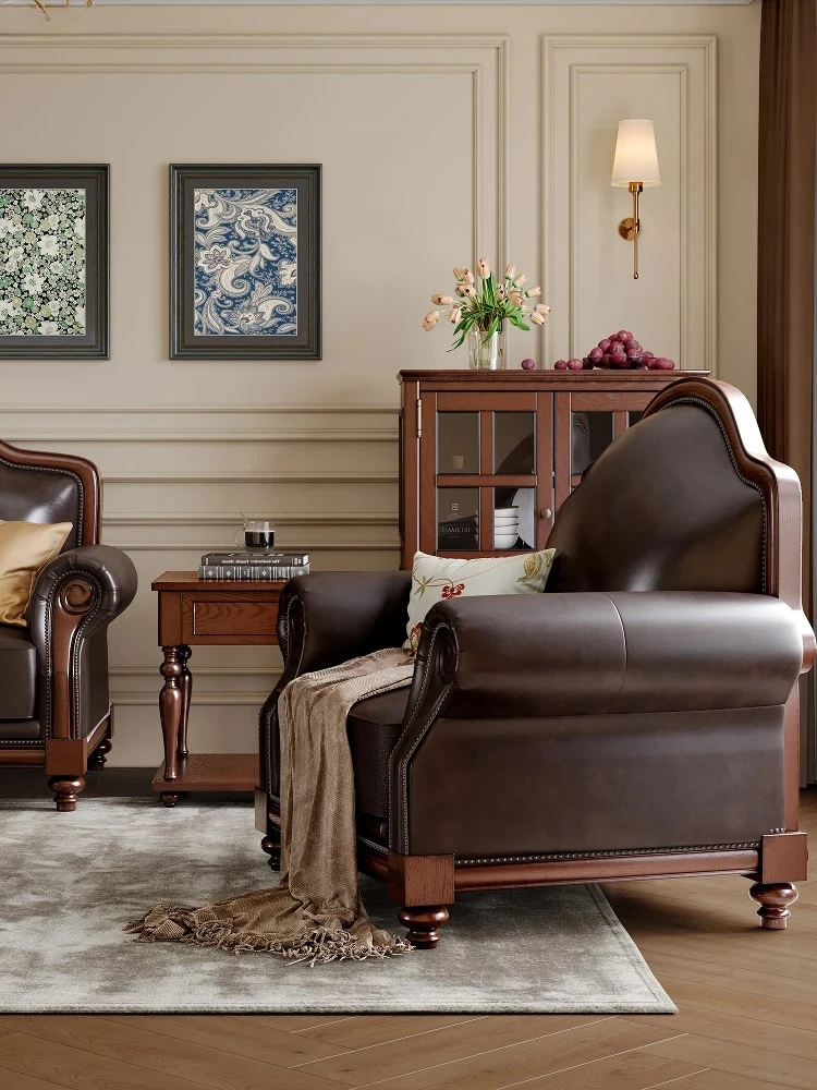 Solid Wood Classic Three-Seater Retro Sofa Home Villa Sofa Leather Sofa