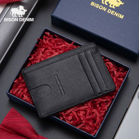 BISON DENIM Cow Leather Fashion Slim Minimalist Men Wallet Credit Card Holder RFID Blocking Leather Purse 2024 New