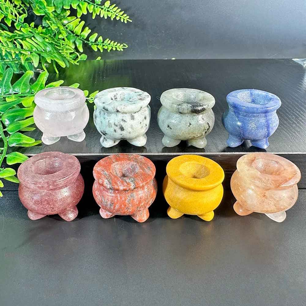 1PC Gemstone Tripod Healing Crystal Carving Small Censer Shaped Hand Carved Gift