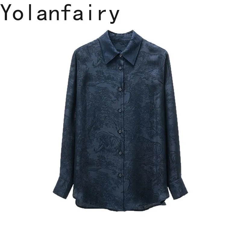 

YOLANFAIRY High Quality 100% Real Mulberry Silk Shirt Woman Elegant Long Sleeve Shirts Womens Top Jacquard Blouse Mid-length